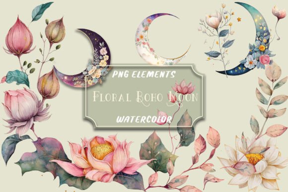 Download Watercolor Floral Boho Moon Clip Art Png - Premium Bundle