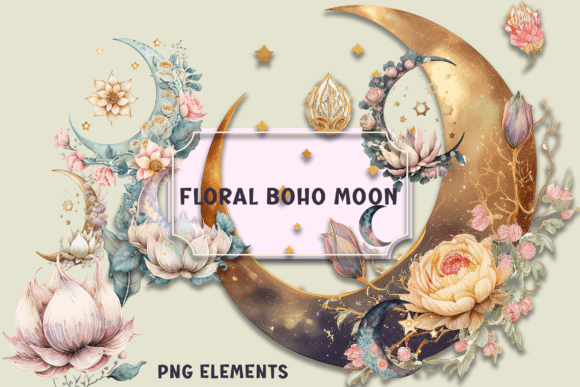 Download Watercolor Floral Boho Moon Clip Art - Premium Bundle