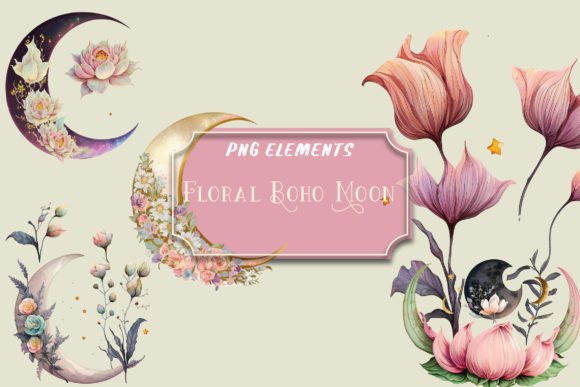 Download Watercolor Floral Boho Moon Clip Art Png - Premium Bundle